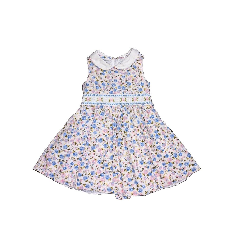 Bonnie Jean Girls 2T Blue Pink Floral Smocked Peter Pan Collar Cotton Dress